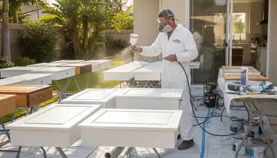Professional cabinet painting process in San Diego, CA showing spray technique for smooth kitchen finishes
