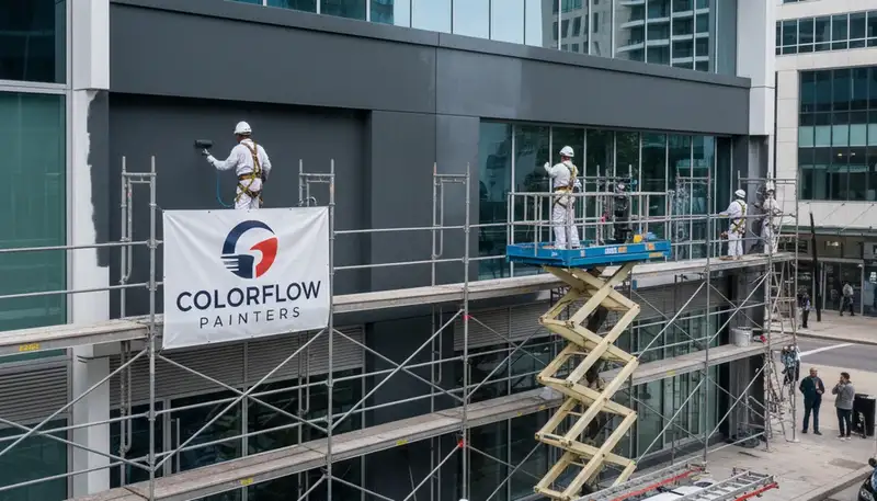Professional commercial painters applying exterior coating in San Diego, CA business building