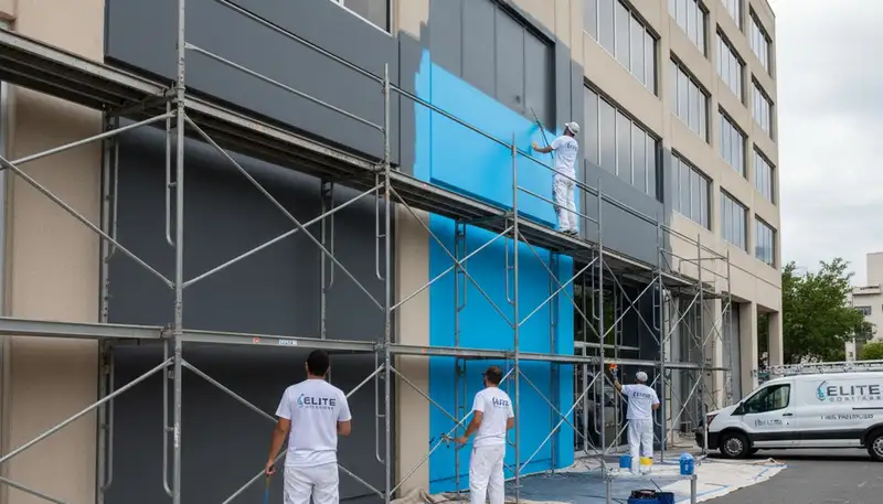 Professional commercial painters working on an office exterior in San Diego, CA