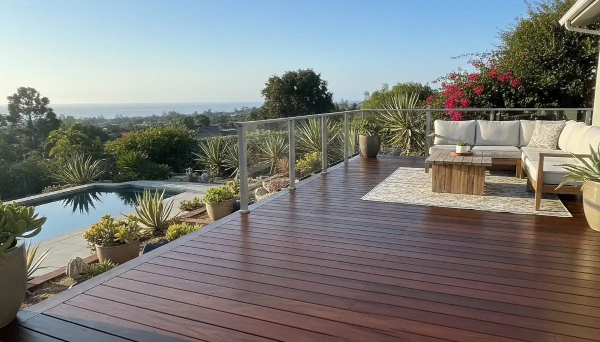 Completed deck staining in San Diego, CA showcasing rich wood finish and expert weather protection