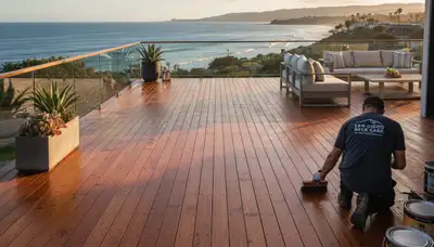 Professional painter applying deck stain on wooden patio in San Diego, CA for UV and moisture protection