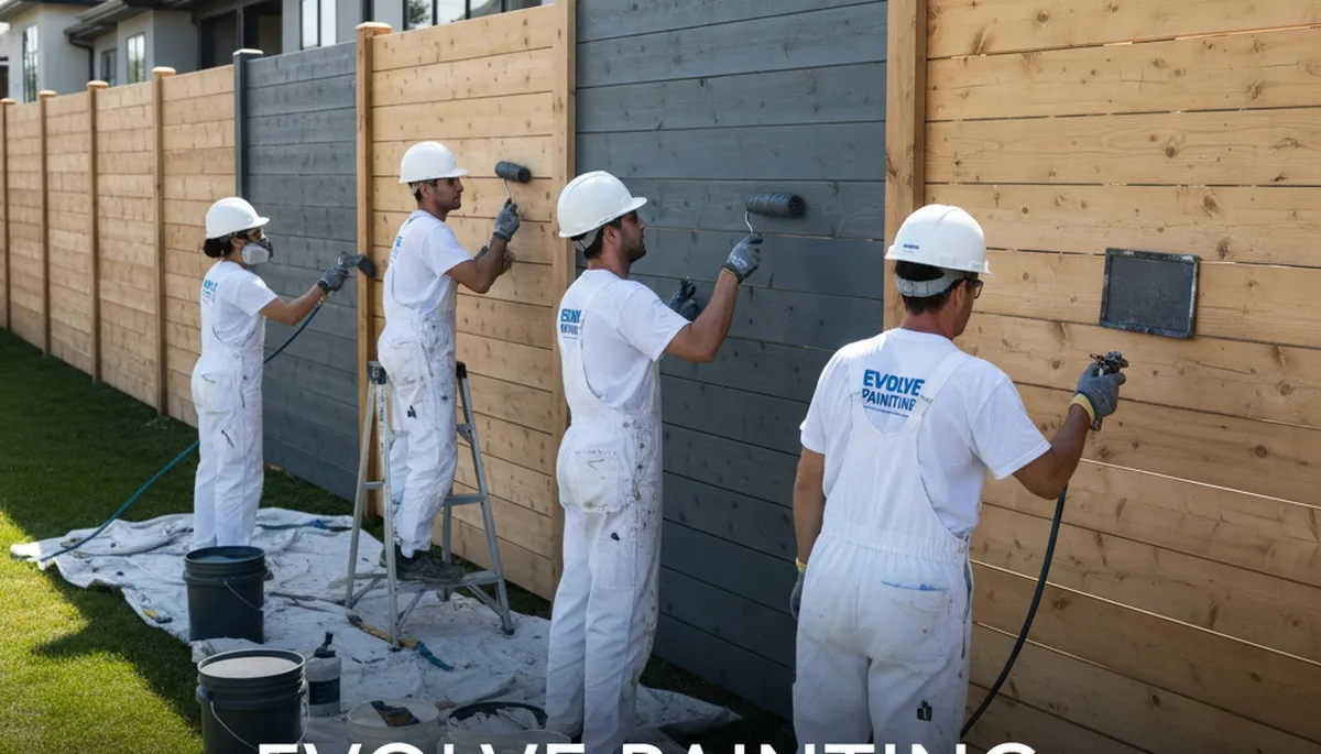 Professional fence painters staining wood fence in San Diego, CA for lasting coastal protection