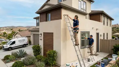 Professional house painters working on exterior home repaint in San Diego, CA