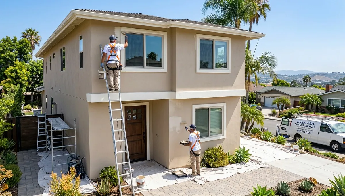 Professional house painters working on residential exterior in San Diego, CA