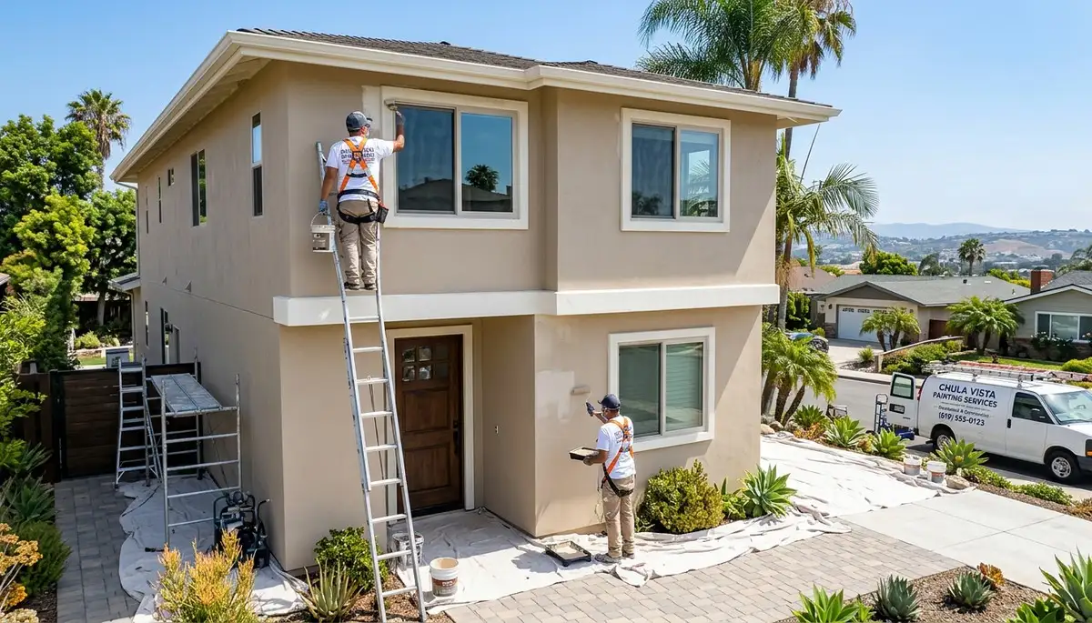 Professional house painters working on residential exterior in San Diego, CA