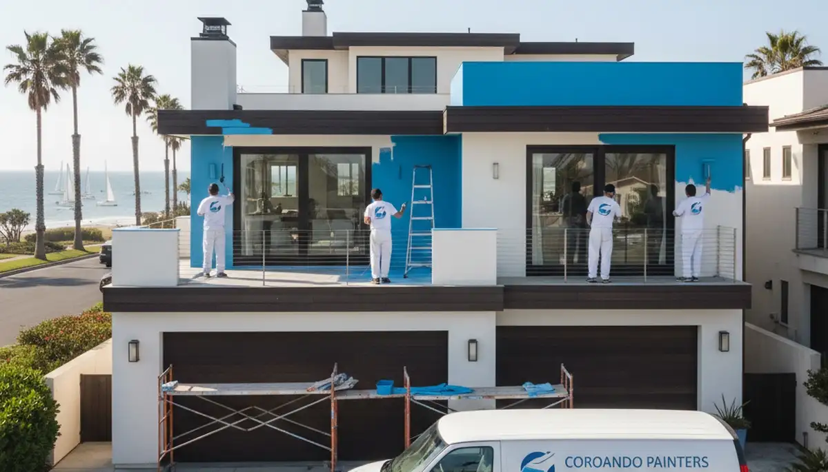 Professional house painters applying exterior paint to a home in San Diego, CA
