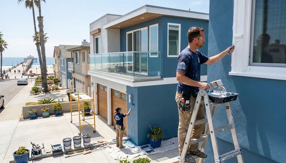 Professional house painters in San Diego CA applying exterior paint to a home façade