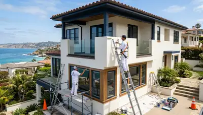 Professional house painters applying fresh exterior paint to a home in San Diego, California