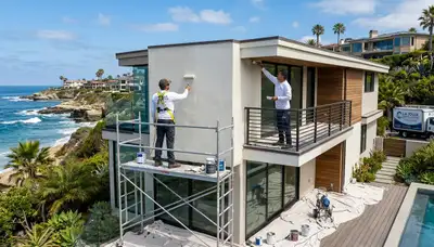 Professional house painters working on an exterior home repaint in San Diego, CA