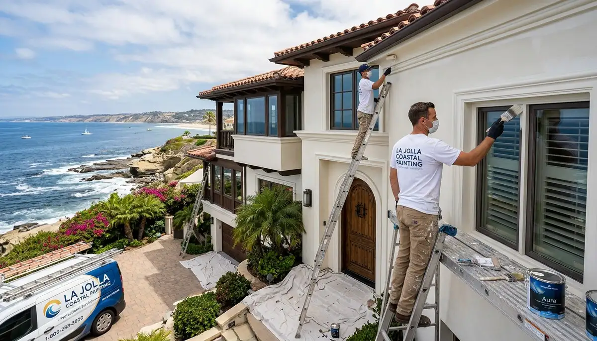 Professional house painters working on exterior home repaint in San Diego, CA