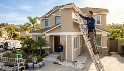 Professional house painters applying exterior paint to a San Diego CA home façade