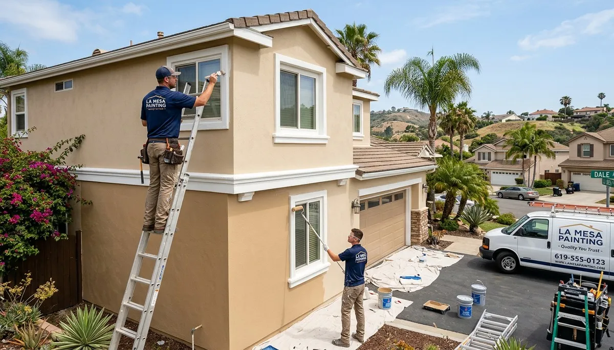 Professional house painters finishing exterior home in San Diego, CA