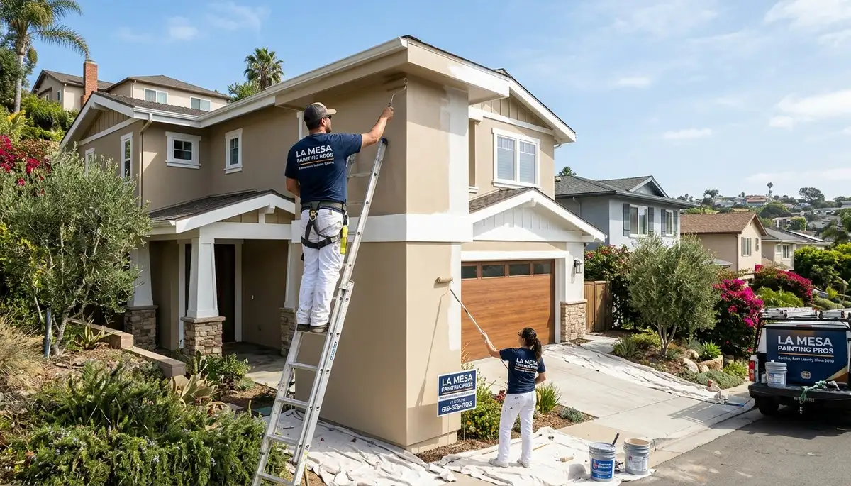 Professional house painters in San Diego CA applying fresh exterior paint to a coastal home