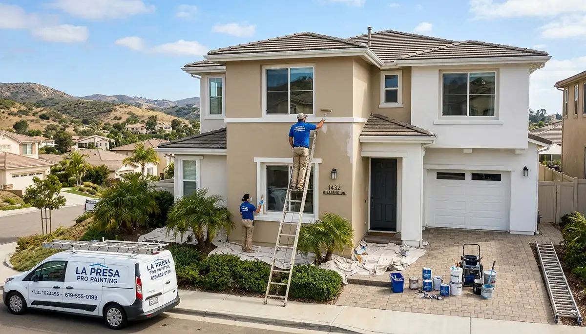 Professional house painters working on exterior home repaint in San Diego, CA
