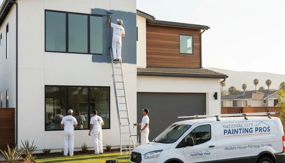Professional house painters working on residential exterior in San Diego, CA