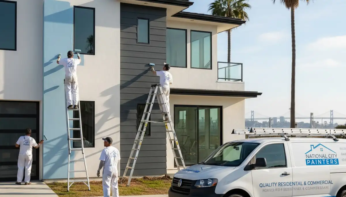 Professional house painters working on home exterior in San Diego, CA