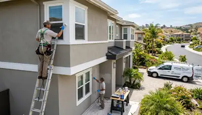 Professional house painters working on exterior home in San Diego, CA