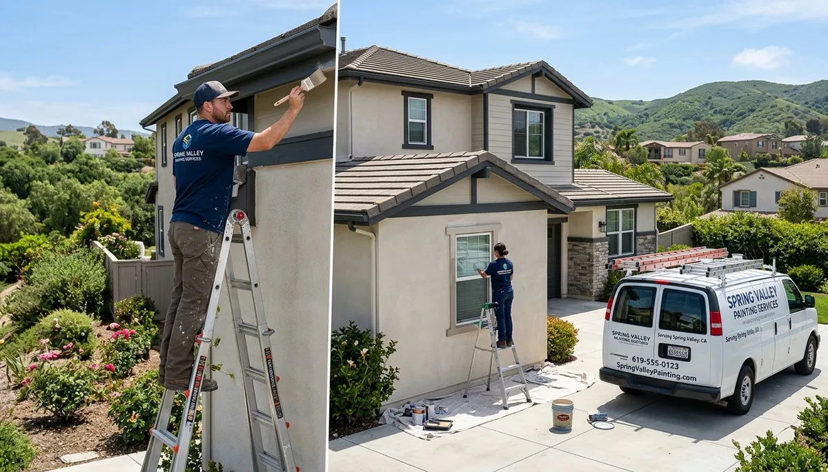Professional house painters working on exterior home repaint in San Diego, CA