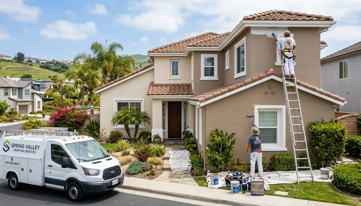 Professional house painters working on exterior of home in San Diego, CA