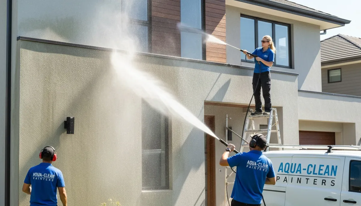 Professional pressure cleaning on stucco home exterior in San Diego, CA by expert painting contractors
