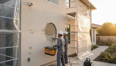 Professional stucco repair on San Diego home exterior by expert painters restoring cracks and weather damage
