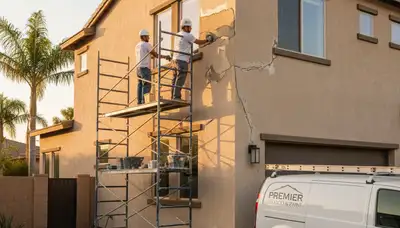 Professional stucco repair on San Diego home exterior by expert painters restoring cracks and weather damage