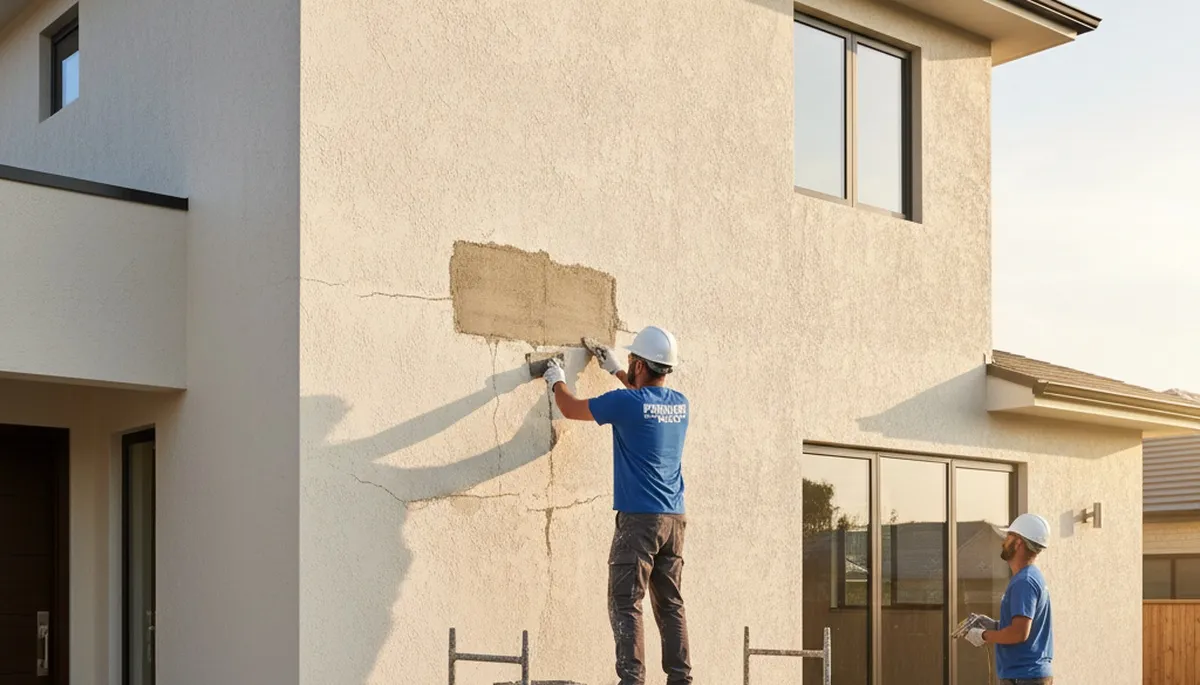 Professional stucco repair on San Diego home exterior by expert painters restoring cracks and weather damage