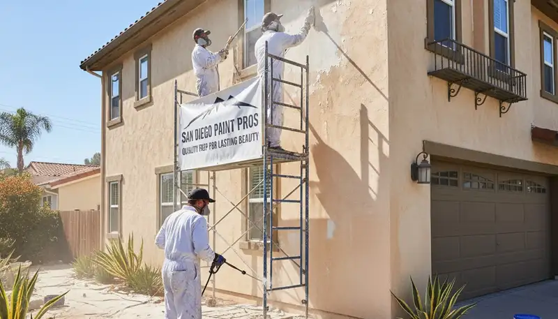 Professional painters preparing exterior surface for new paint on San Diego, CA home