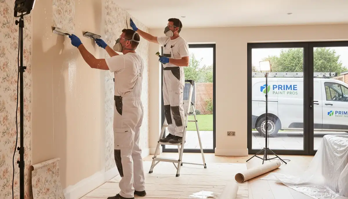 Professional wallpaper removal and wall preparation in San Diego, CA home before interior painting